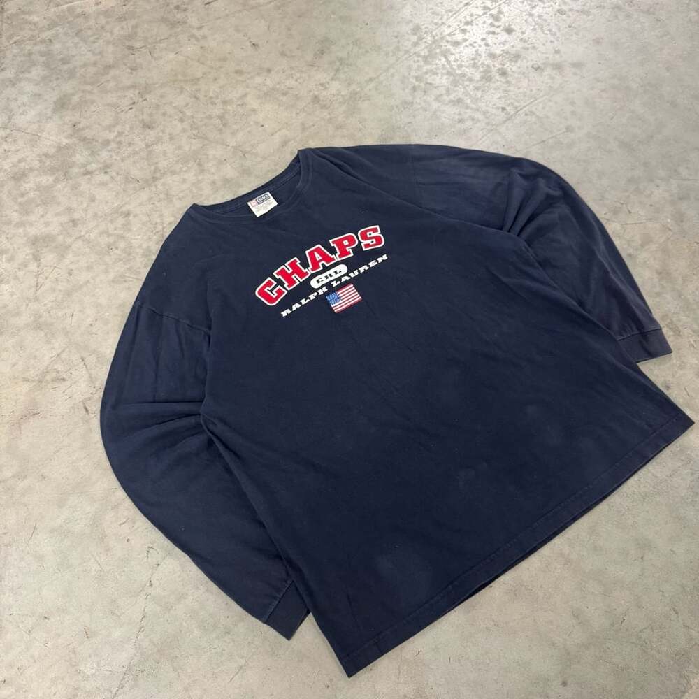 Chaps Ralph Lauren Long Sleeve T-Shirt Size L Navy Blue Logo Flag Graphic